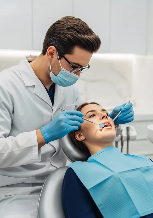 Dentist examining a patient in a bright, modern treatment room